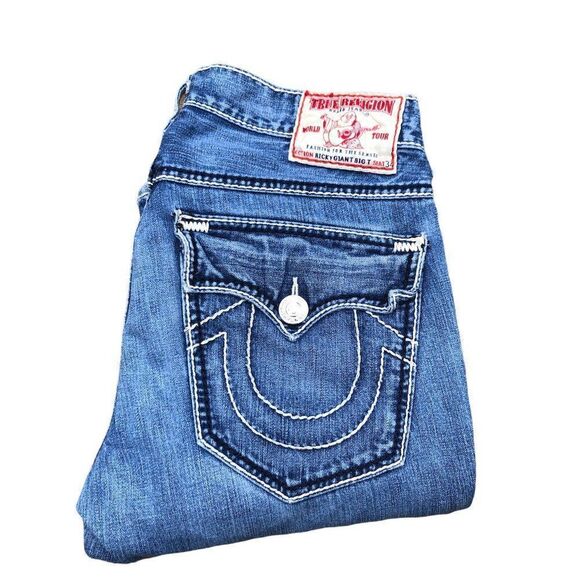 TRUE Religion Jeans Size 34 RICKY GIANT BIG T Blue - Picture 7 of 8